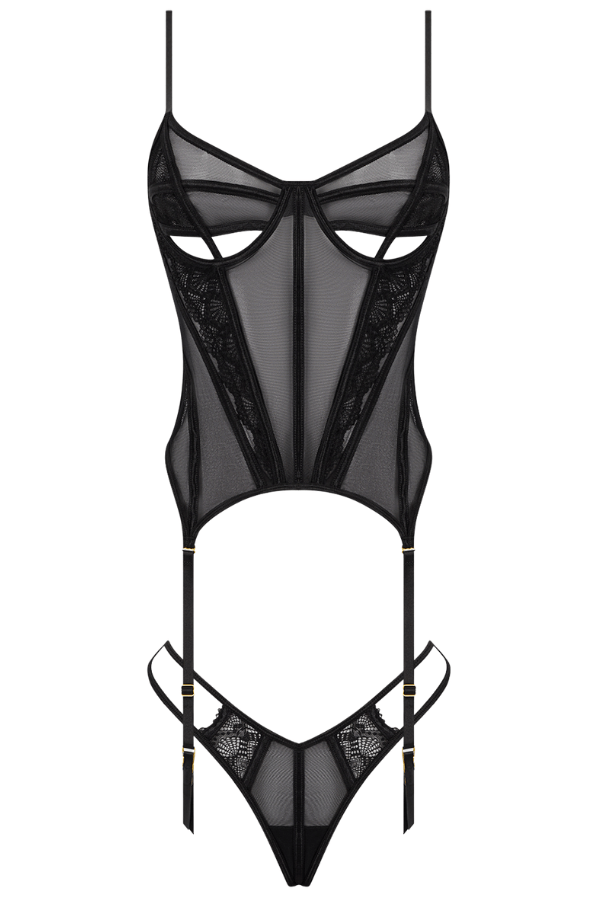House of Desire Vivienne Lace & Mesh Bustier & G-String Set - Black