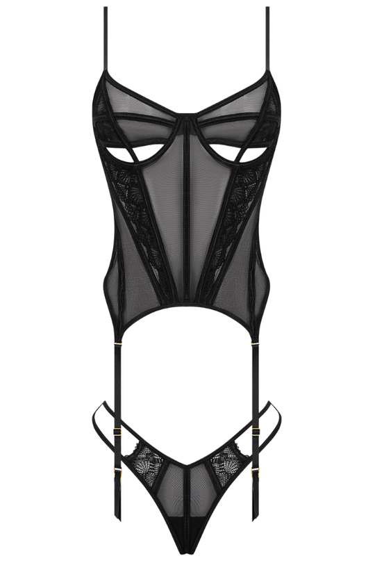 Vivienne Lace & Mesh Bustier & G-String Set - Black