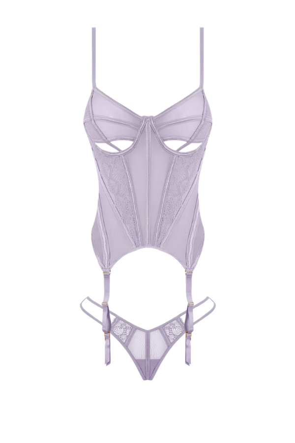 House of Desire Vivienne Lace & Mesh Bustier & G-String Set - Lavender