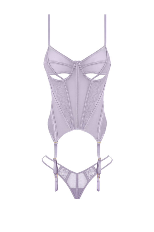 Vivienne Lace & Mesh Bustier & G-String Set - Lavender