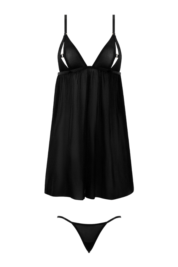 House of Desire Yasmine Shimmer Mesh O-Ring Slit Cup Babydoll Set - Black