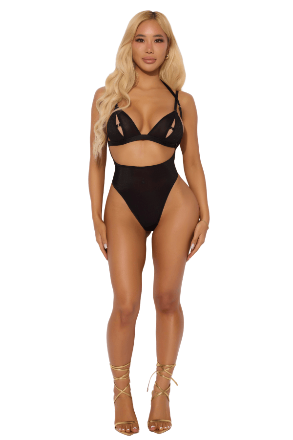 House of Desire Yasmine Shimmer Mesh Slit Cup, Backless Teddy & Bralette Set - Black