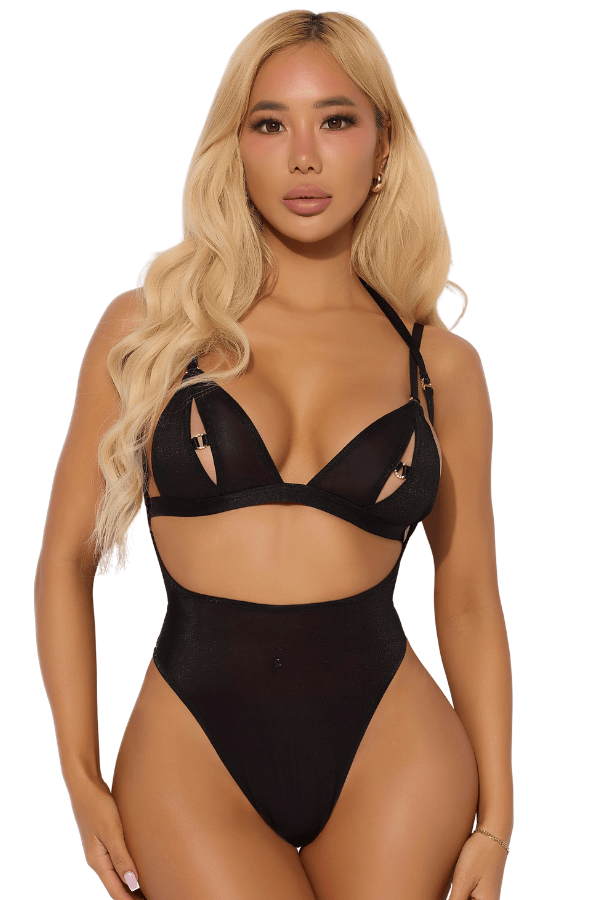 House of Desire Yasmine Shimmer Mesh Slit Cup, Backless Teddy & Bralette Set - Black