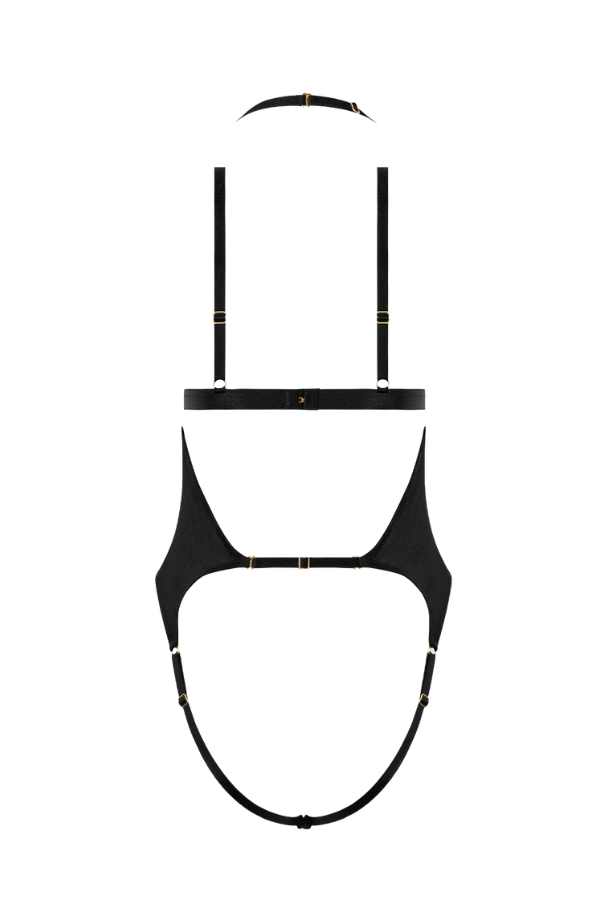 House of Desire Yasmine Shimmer Mesh Slit Cup, Backless Teddy & Bralette Set - Black