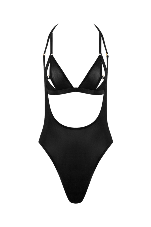 House of Desire Yasmine Shimmer Mesh Slit Cup, Backless Teddy & Bralette Set - Black