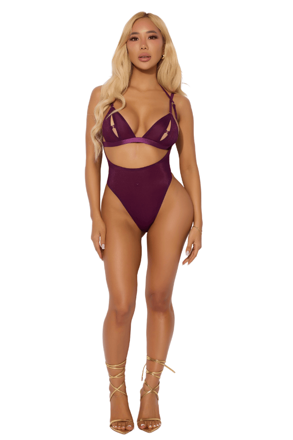 House of Desire Yasmine Shimmer Mesh Slit Cup, Backless Teddy & Bralette Set - Plum