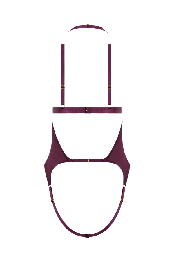 House of Desire Yasmine Shimmer Mesh Slit Cup, Backless Teddy & Bralette Set - Plum