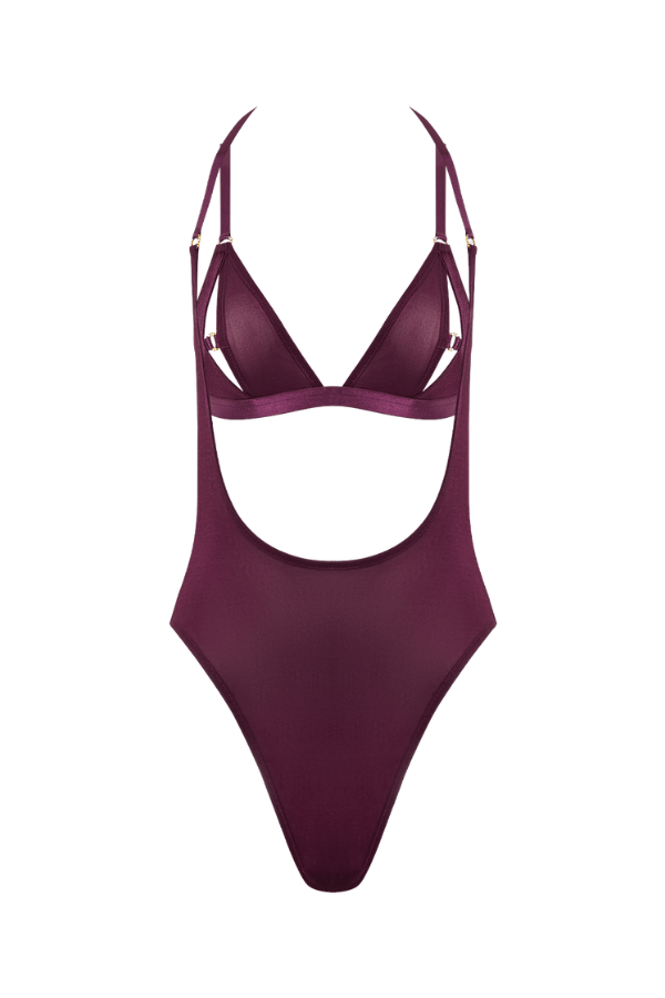 House of Desire Yasmine Shimmer Mesh Slit Cup, Backless Teddy & Bralette Set - Plum