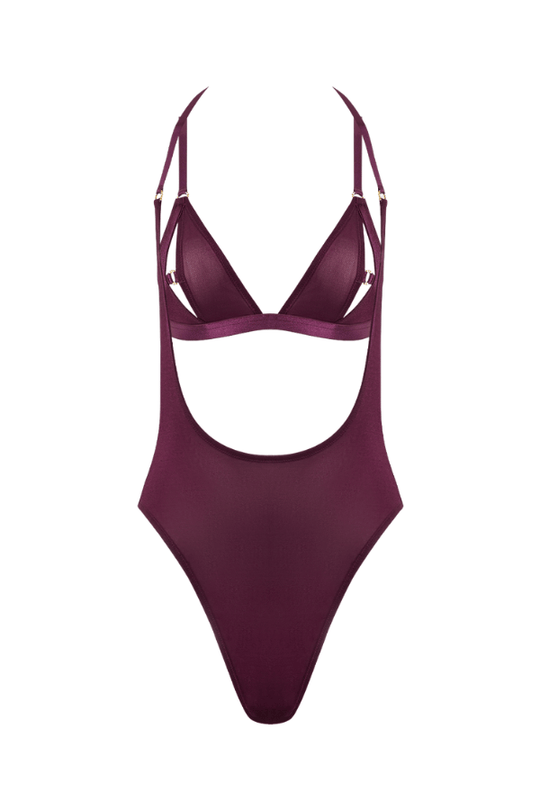 Yasmine Shimmer Mesh Slit Cup, Backless Teddy & Bralette Set - Plum