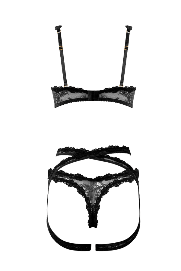 House of Desire Yvone Lace Bra, Garter & Tanga Set - Black