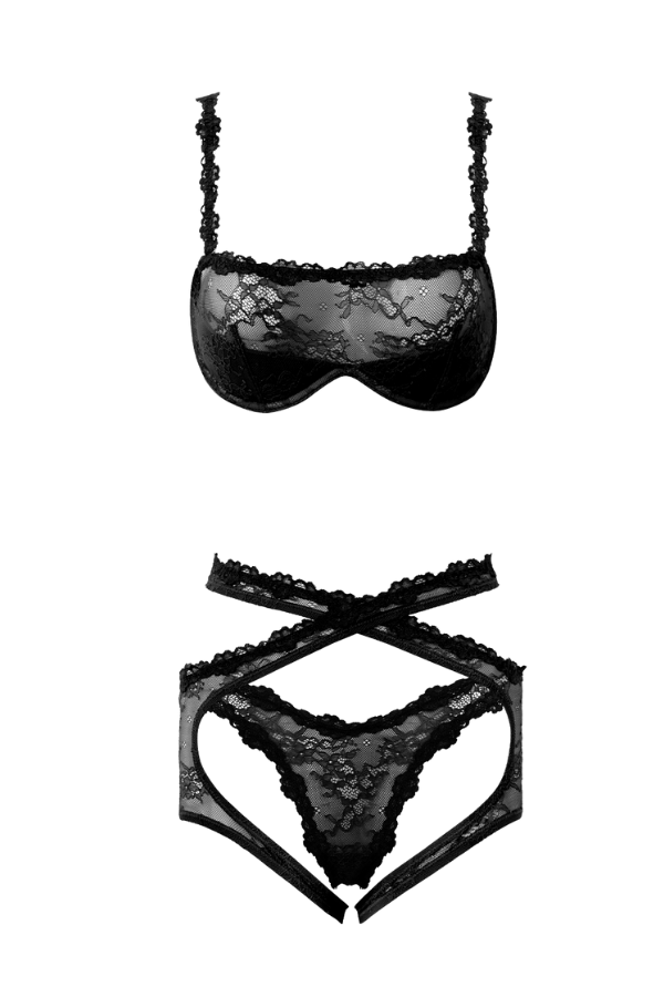 House of Desire Yvone Lace Bra, Garter & Tanga Set - Black