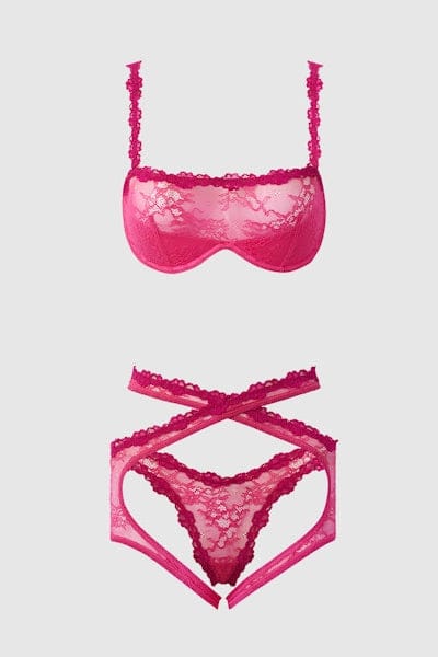 House of Desire Yvone Lace Bra, Garter & Tanga Set - Purple Fuchsia