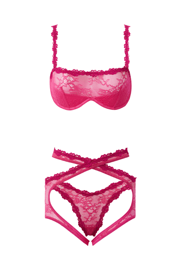 House of Desire Yvone Lace Bra, Garter & Tanga Set - Purple Fuchsia