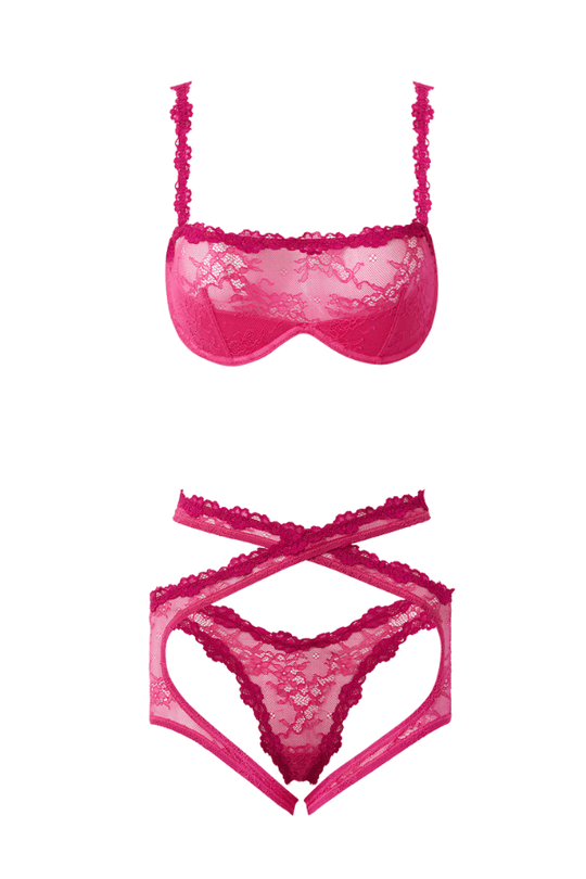 Yvone Lace Bra, Garter & Tanga Set - Purple Fuchsia