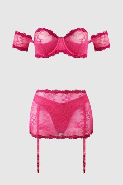 House of Desire Yvone Lace Bra & Skirted Garter Panty Set Pink