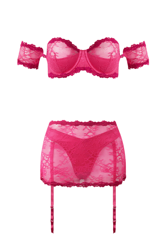 Yvone Lace Bra & Skirted Garter Panty Set Pink