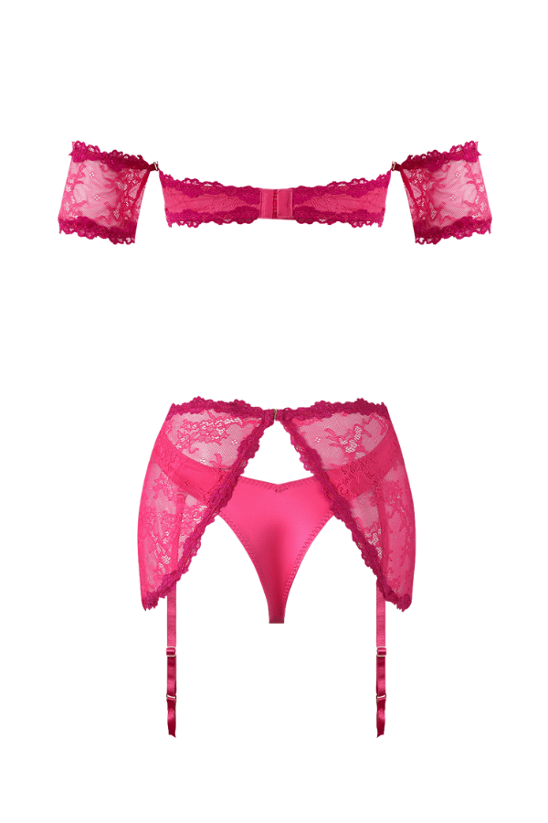 House of Desire Yvone Lace Bra & Skirted Garter Panty Set Pink