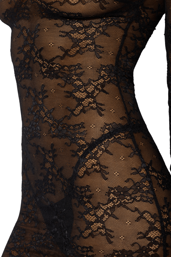 House of Desire Yvone Lace Long Sleeve Chemise Dress & G-String - Black