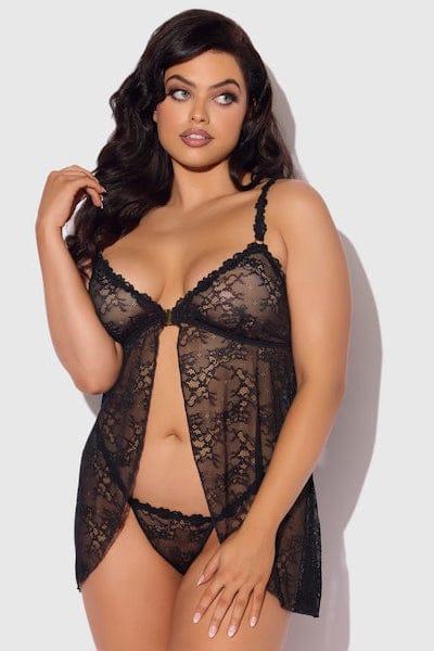 House of Desire Yvone Lace Openable Cup Babydoll & G-String Set - Black