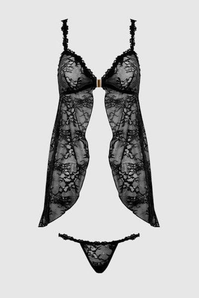 House of Desire Yvone Lace Openable Cup Babydoll & G-String Set - Black