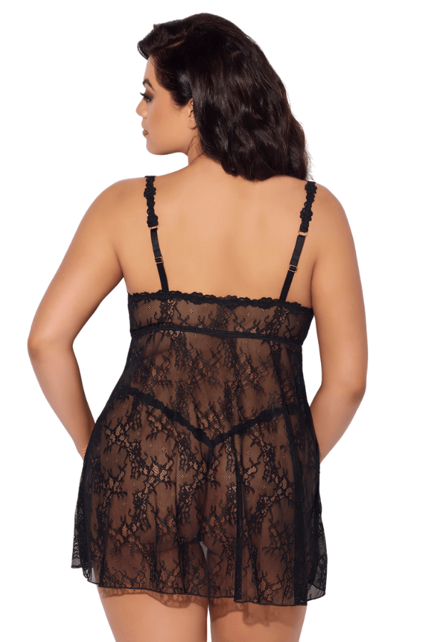 House of Desire Yvone Lace Openable Cup Babydoll & G-String Set - Black