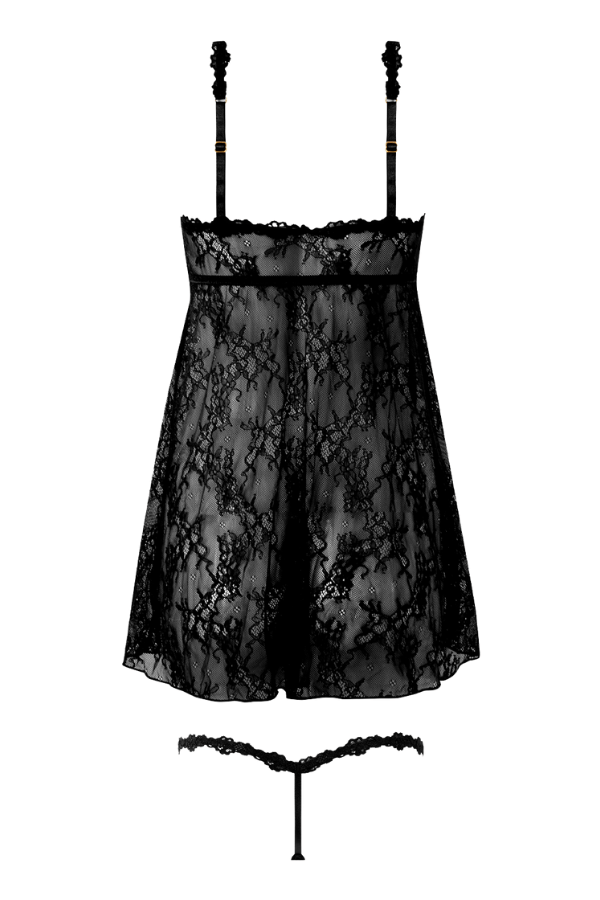House of Desire Yvone Lace Openable Cup Babydoll & G-String Set - Black