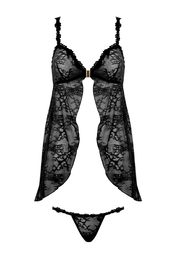 House of Desire Yvone Lace Openable Cup Babydoll & G-String Set - Black