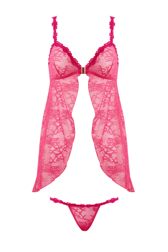 Yvone Lace Openable Cup Babydoll & G-String Set - Purple Fuchsia