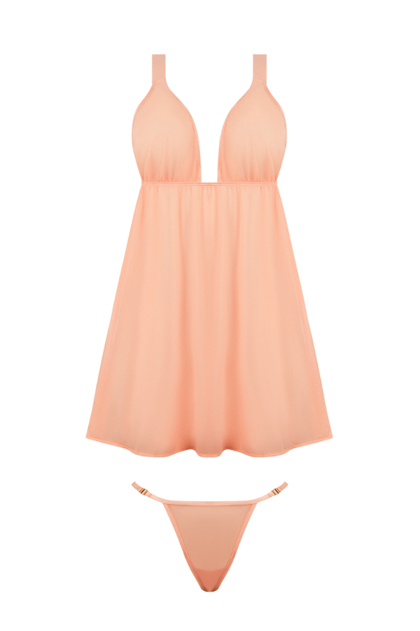 House of Desire Yvone Shimmer Mesh Babydoll & G-String Set Peach