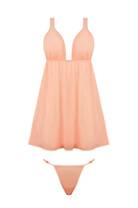 Yvone Shimmer Mesh Babydoll & G-String Set Peach