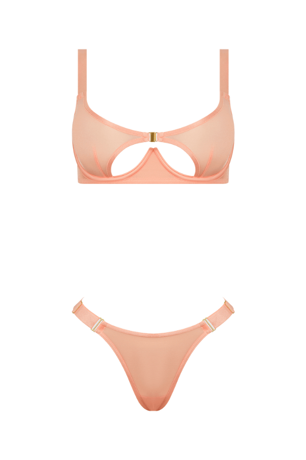 House of Desire Yvone Shimmer Mesh Openable Cup Bra & Thong Set Peach