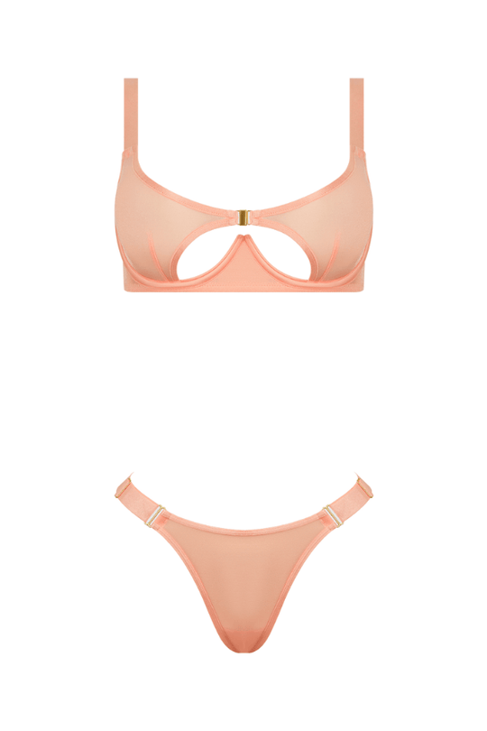 Yvone Shimmer Mesh Openable Cup Bra & Thong Set Peach