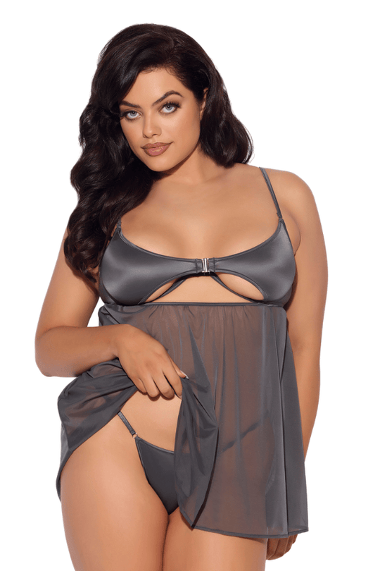 Zoe Oil Slick Openable Cup Underwire Babydoll Set - Graphite
