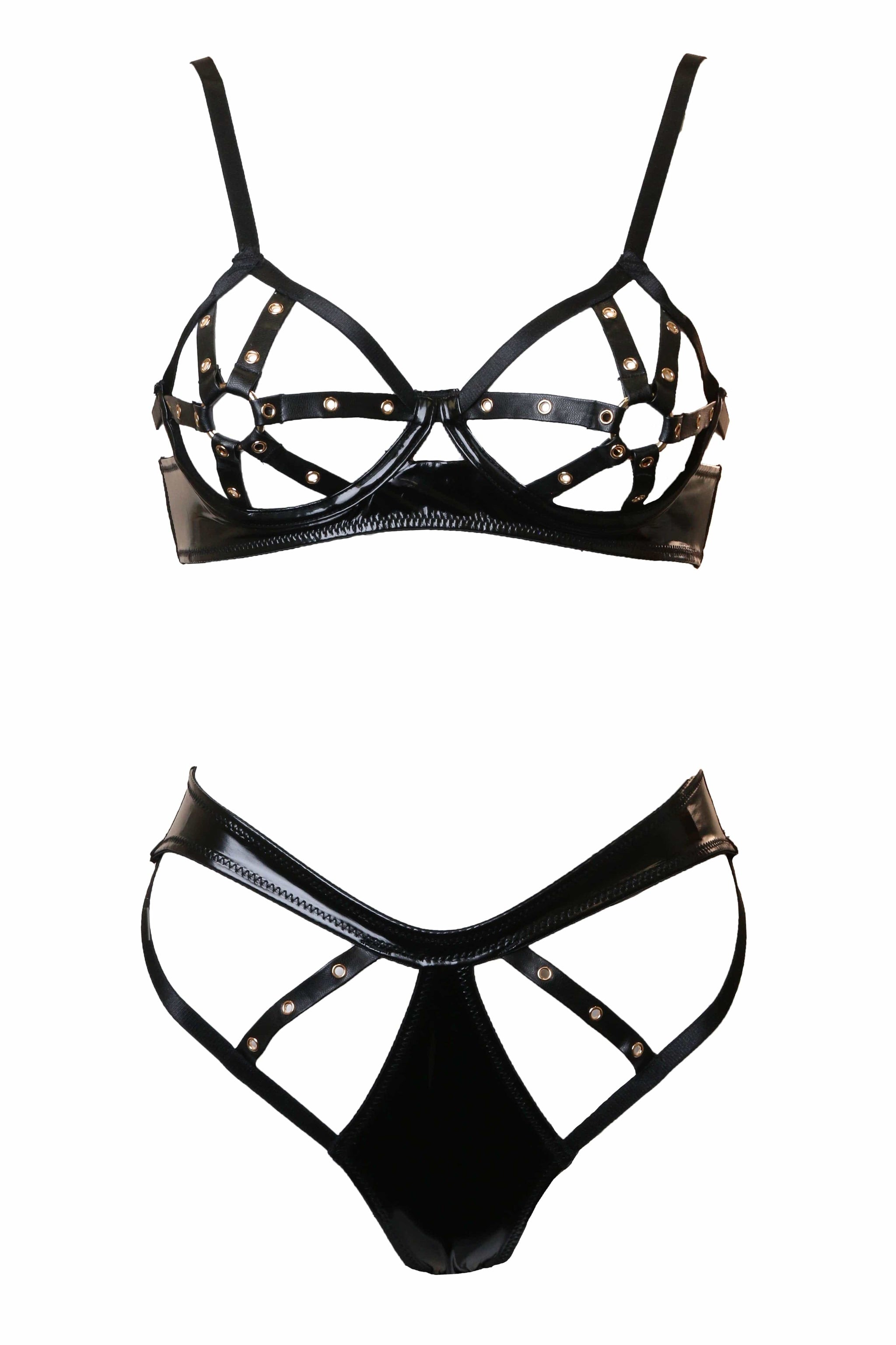 Faux Leather Cage Bra and Harness Set, Strappy Cage Bra Set