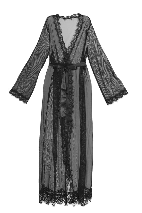 Provence Sheer Long Robe Set - Black