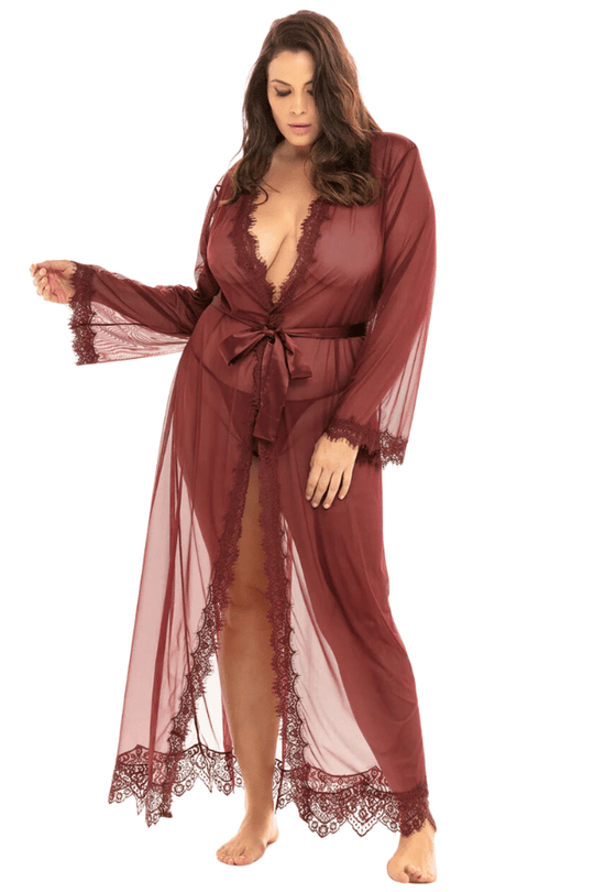 Provence Sheer Long Robe Set - Burgundy