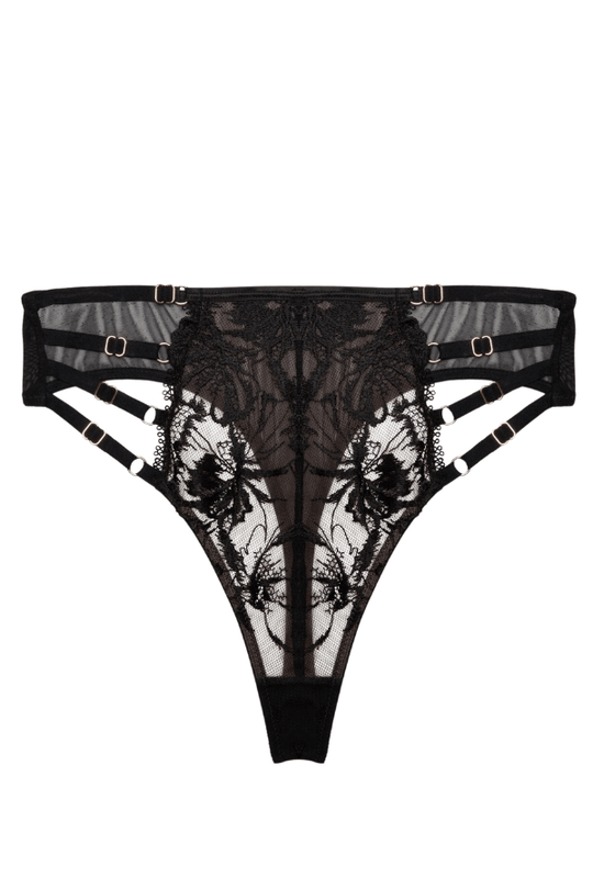 Vivian Embroidery High Waisted Thong - Black