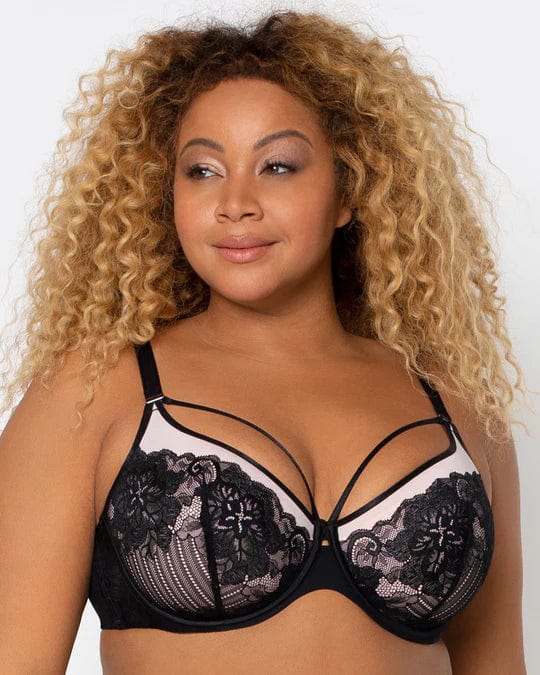 Curvy Couture Lingerie Black/Adobe / 36 D Tulip Strappy Lace Pushup Bra - Black Adobe