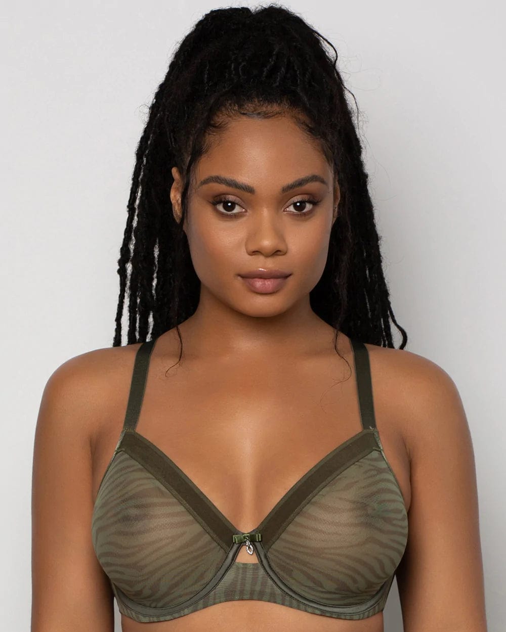 Curvy Couture Plunge Olive Waves / 32 DDD/F Sheer Mesh Unlined Underwire Bra - Olive Waves