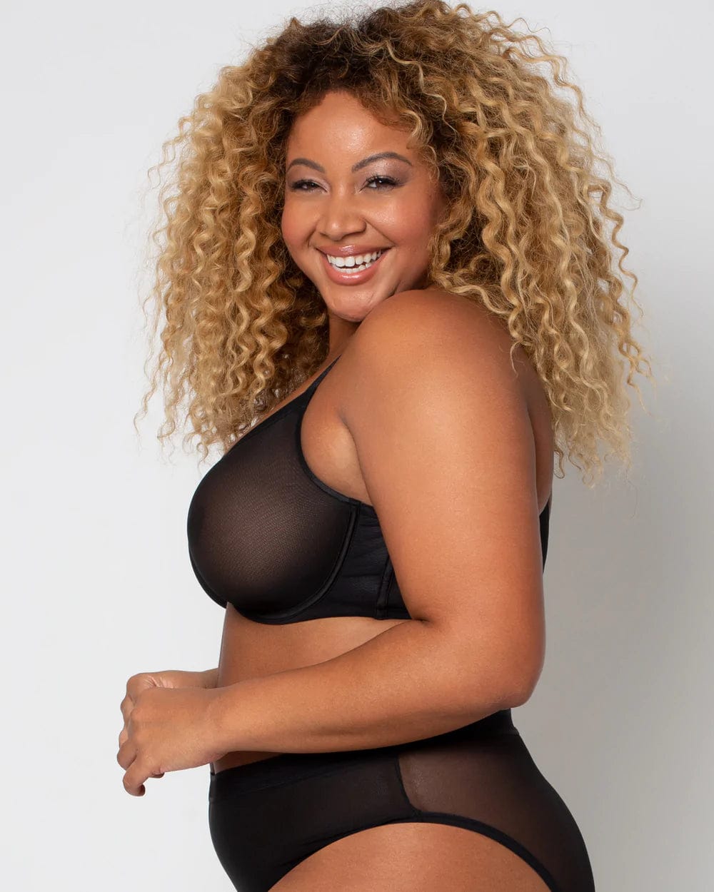 Curvy Couture Plunge Sheer Mesh Unlined Underwire Bra - Black