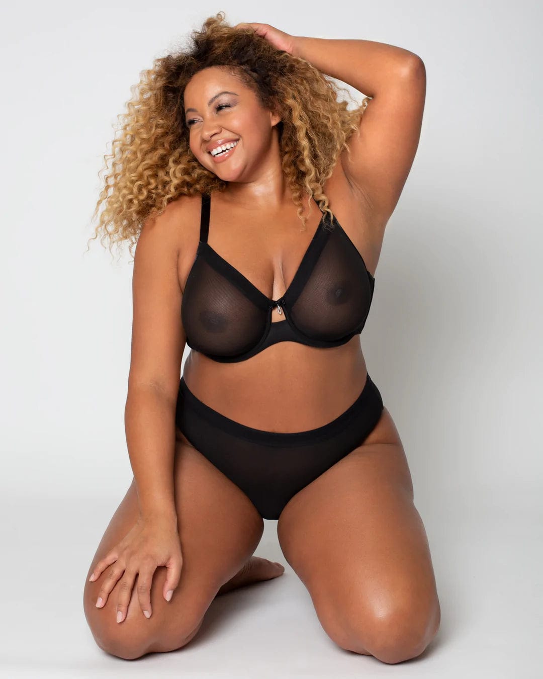 Curvy Couture Plunge Sheer Mesh Unlined Underwire Bra - Black