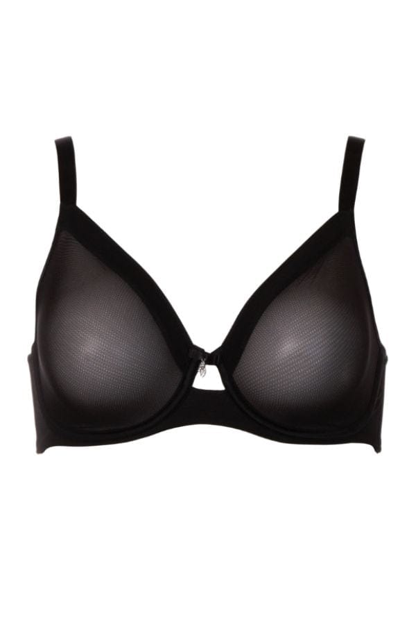 Curvy Couture Plunge Sheer Mesh Unlined Underwire Bra - Black