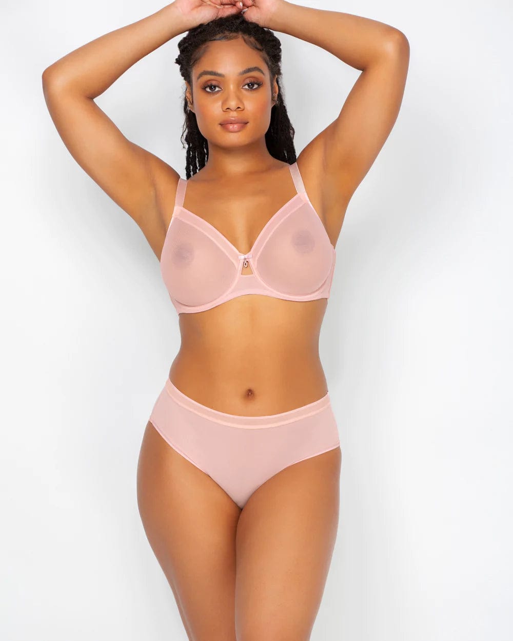 Curvy Couture Plunge Sheer Mesh Unlined Underwire Bra - Blushing Rose