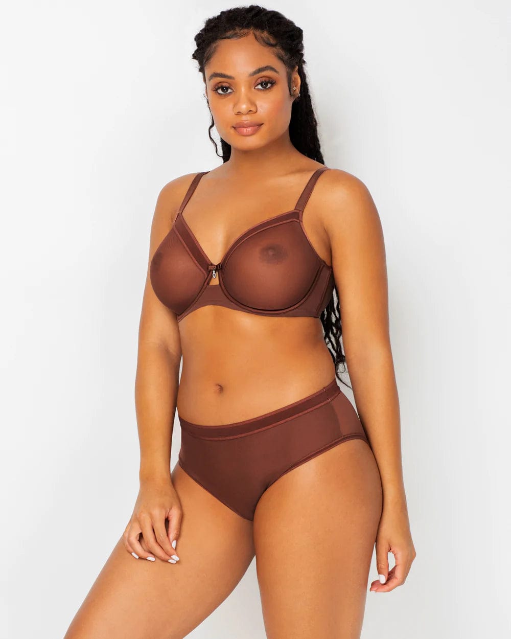 Curvy Couture Plunge Sheer Mesh Unlined Underwire Bra - Chocolate