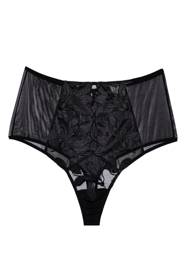 Fleur du Mal Underwear Lily Embroidery High Waist Thong- Black