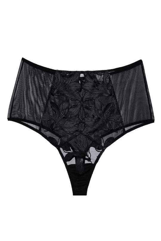 Lily Embroidery High Waist Thong- Black