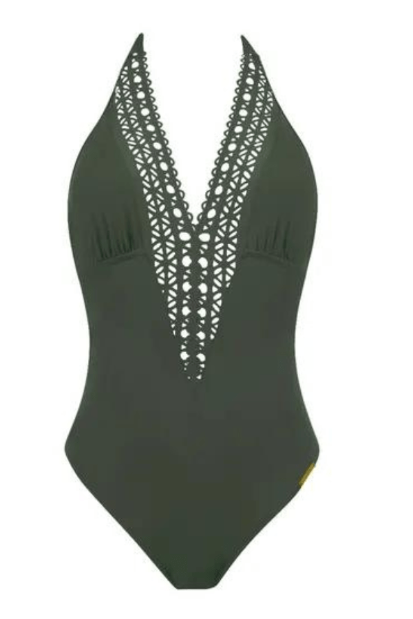 Lise Charmel Swimwear Eclat Aventure / S Ajourage Couture Plunging Neckline Swimsuit - Olive