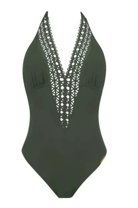 Ajourage Couture Plunging Neckline Swimsuit - Olive