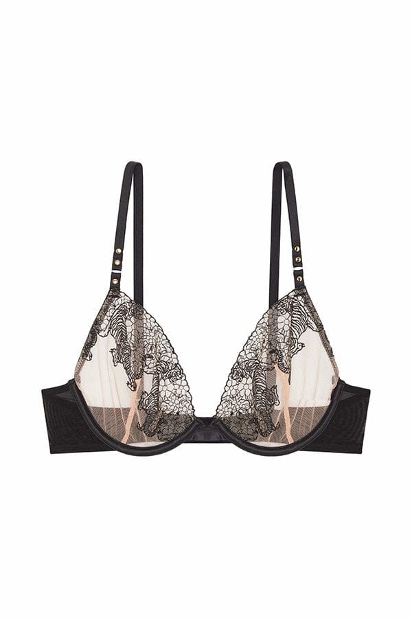 Playful Promises Bras Black / 32 C Tiger Peach Mesh Embroidered Plunge Bra- Black