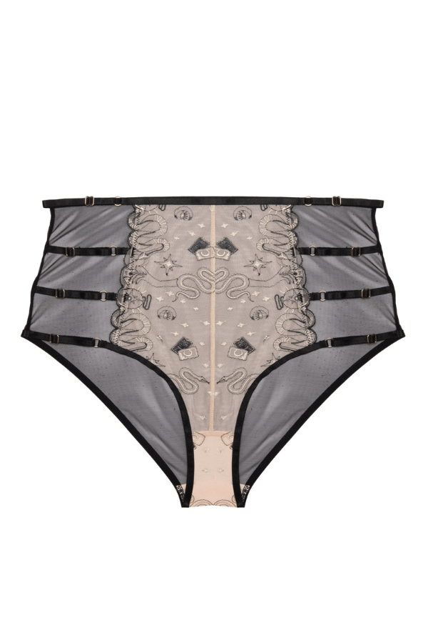 Playful Promises Underwear Anna Mystical Embroidery High Waisted Brief - Black/Gold/Nude